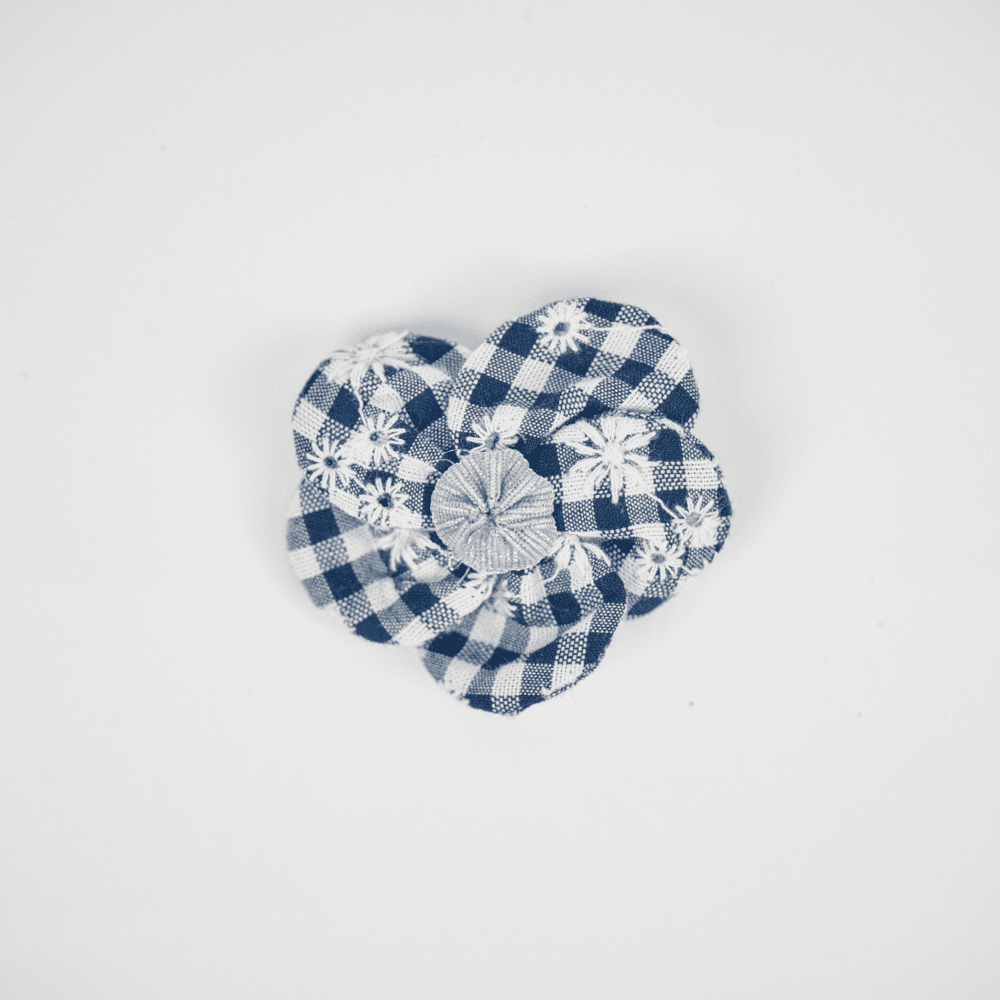Petite Barrette Pétales de Fleur vichy brodé marine