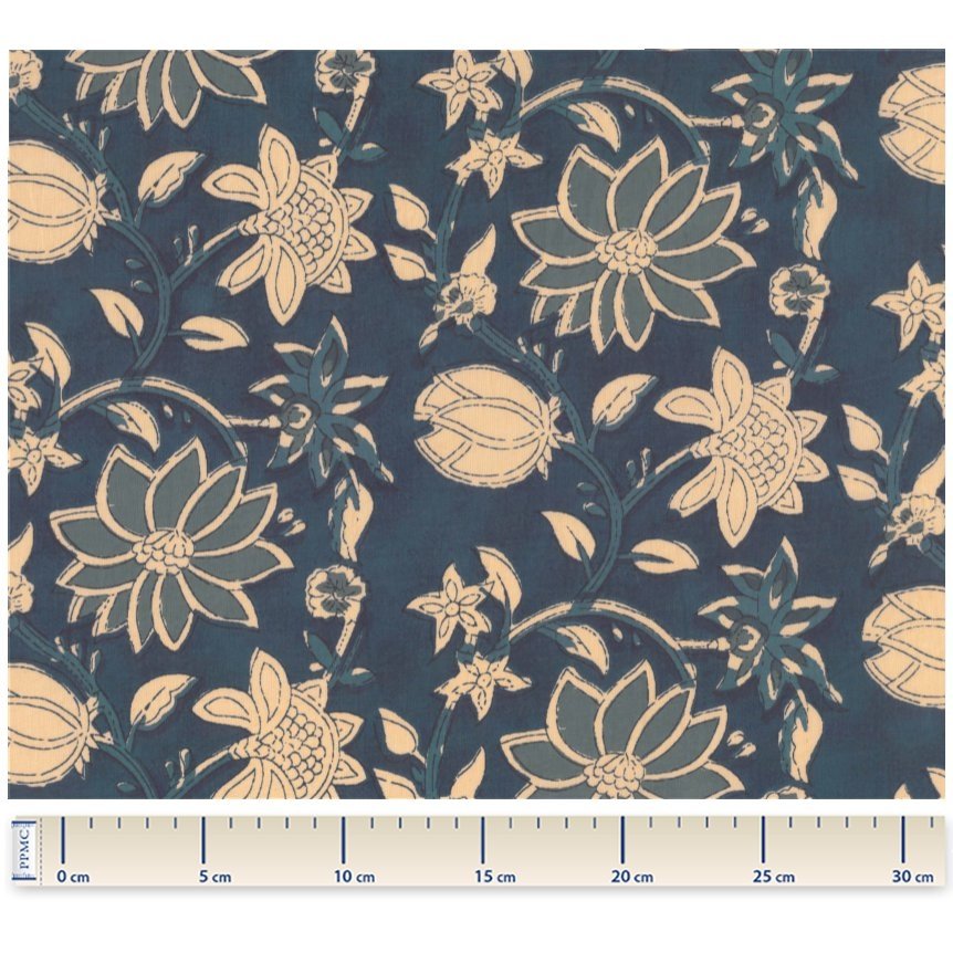 Tissu coton au mètre ex2513 indienne florale bleue jean