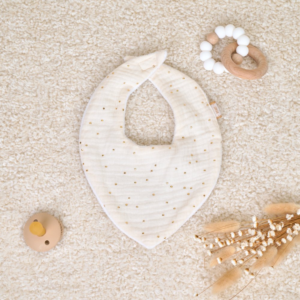 Bavoir bandana gaze pois or écru