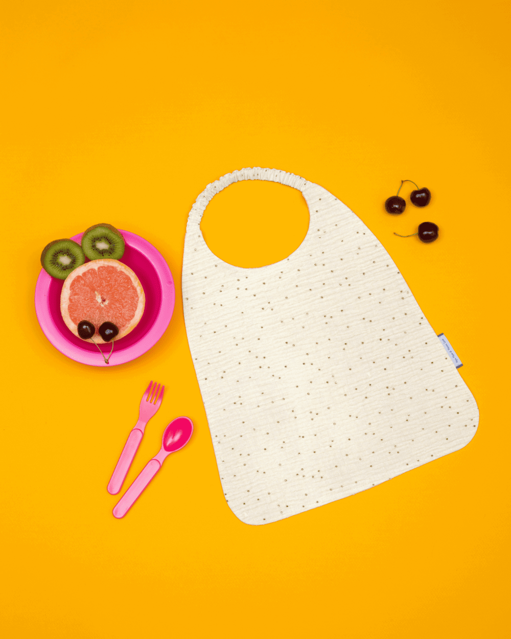 Serviette enfant élastique gaze pois or écru