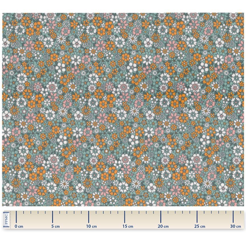 Tissu enduit  au mètre ex2503 fleuri retro bleu rose