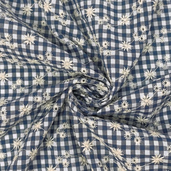 Tissu coton au mètre vichy brodé marine