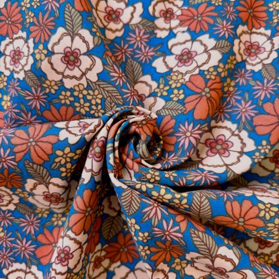 Tissu coton au mètre ex2631 bohème fleuri bleu