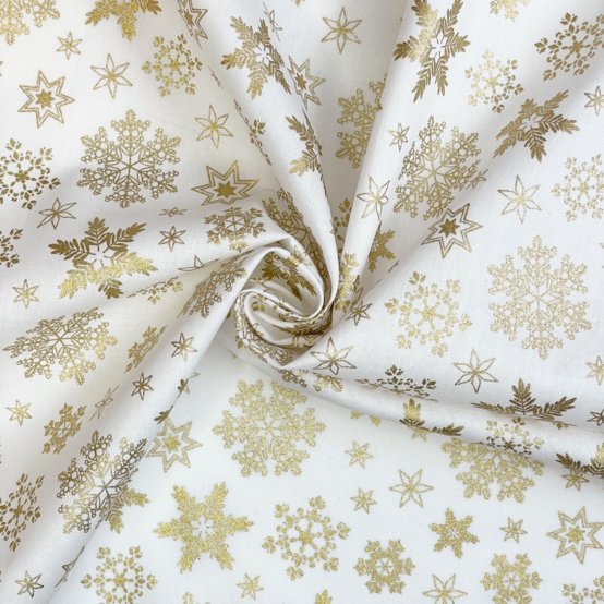 Tissu coton au mètre ex2558 noel flocons étoilés or ivoire