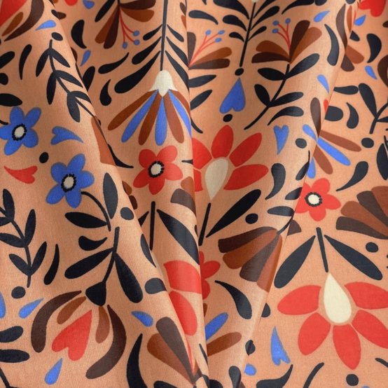 Tissu enduit  au mètre ex2574 fleuri rétro caramel