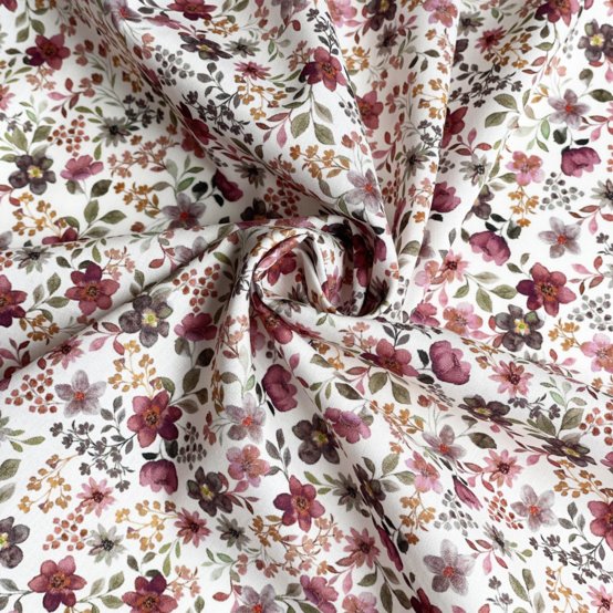 Tissu coton au mètre ex2662 aquarelle fleurie aubergine
