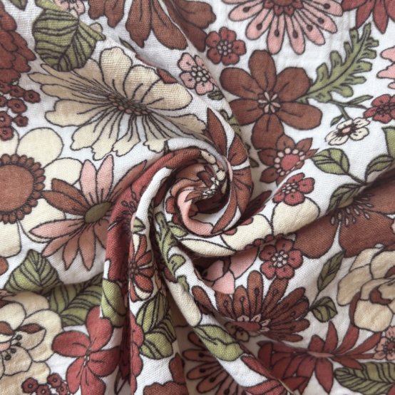 Tissu ex2635 gaze fleur rétro terracotta