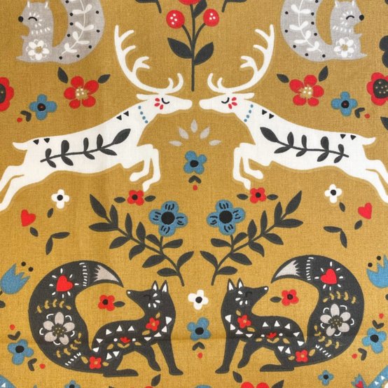 Tissu coton au mètre ex2573 foret enchantée ocre