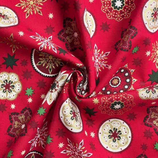 Tissu coton au mètre ex2654 noel mandala or rouge