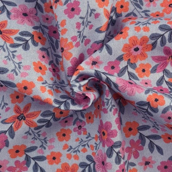 Tissu coton au mètre ex2649 fleuri ciel rose orange