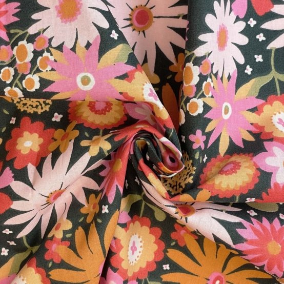 Tissu coton au mètre ex2569 fleuri orange vert