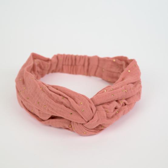 Bandeau croisé gaze pois or rose thé