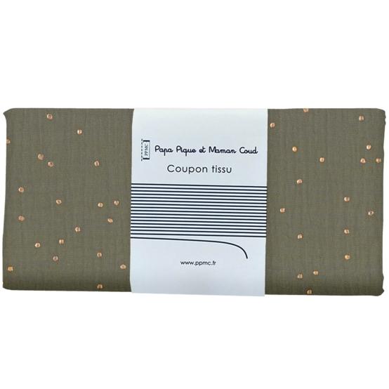 Coupon tissu 50 cm gaze pois or kaki