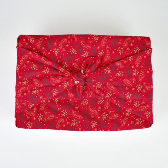 Furoshiki grand 73 x 73 cm ex2557 noel mini feuillage houx or rouge
