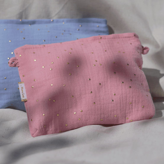 Mini pochette tissu gaze pois or rose thé