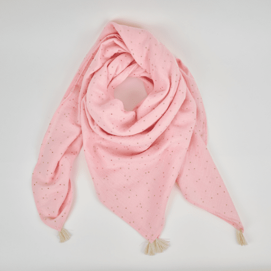 Foulard pompon gaze pois or rose