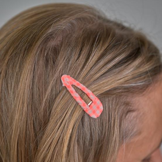 Barrette clic-clac tissu vichy orange fluo