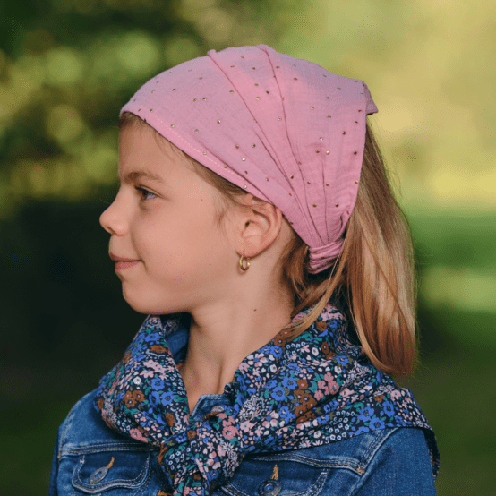 Bandeau fichu Enfant gaze pois or rose thé