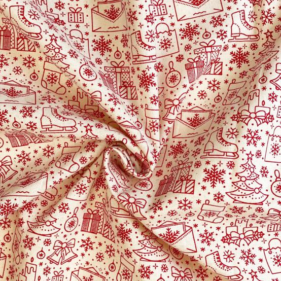 Tissu coton au mètre ex2554 noel pèle-mèle rouge écru