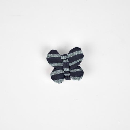 Barrette petit papillon rayé argent marine