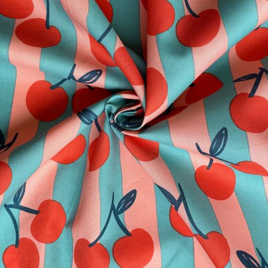 Tissu coton au mètre ex2644 cerises rayées orange bleu