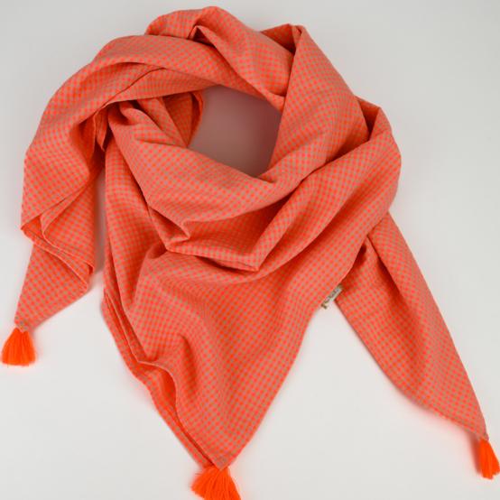 Foulard pompon vichy orange fluo