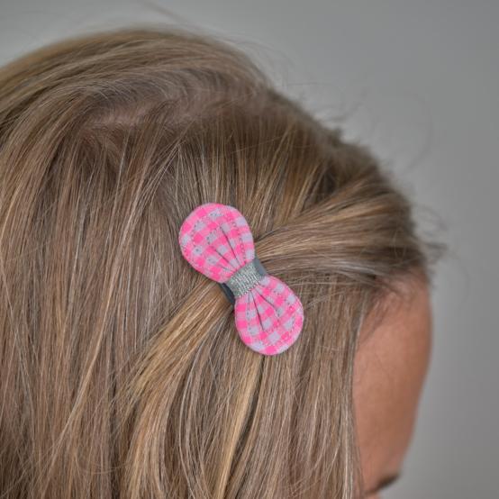 Barrette Noeud Anti-Glisse vichy rose fluo