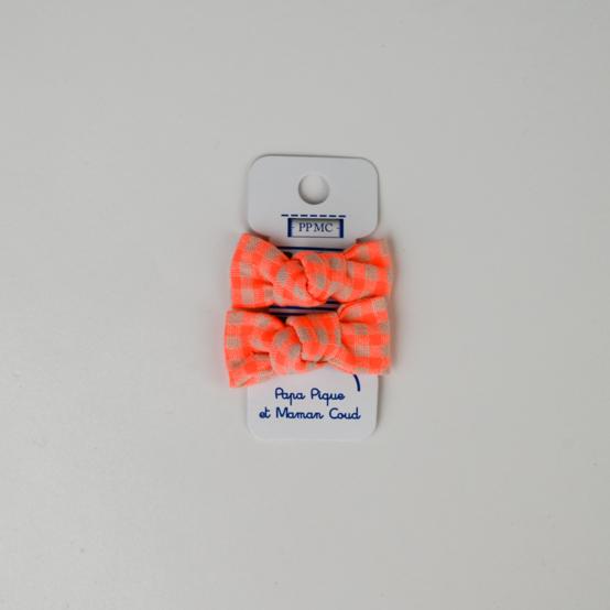 Barrettes clic-clac petits noeuds vichy orange fluo
