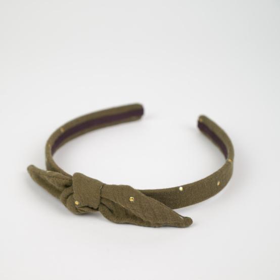 Serre-tête noeud gaze pois or kaki