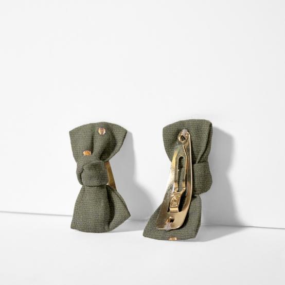 Barrettes clic-clac petits noeuds gaze pois or kaki