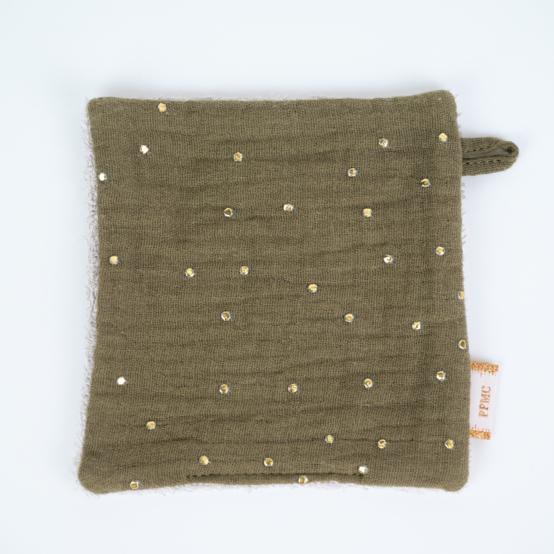 Carré Démaquillant Lavable gaze pois or kaki