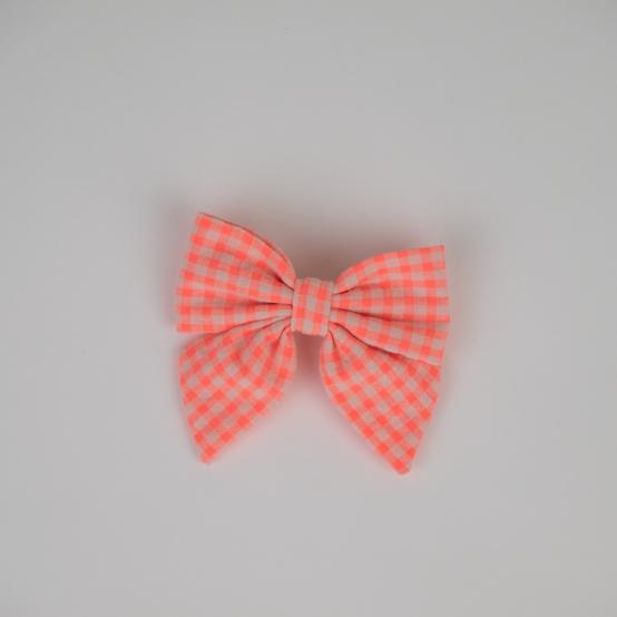 Barrette noeud papillon vichy orange fluo