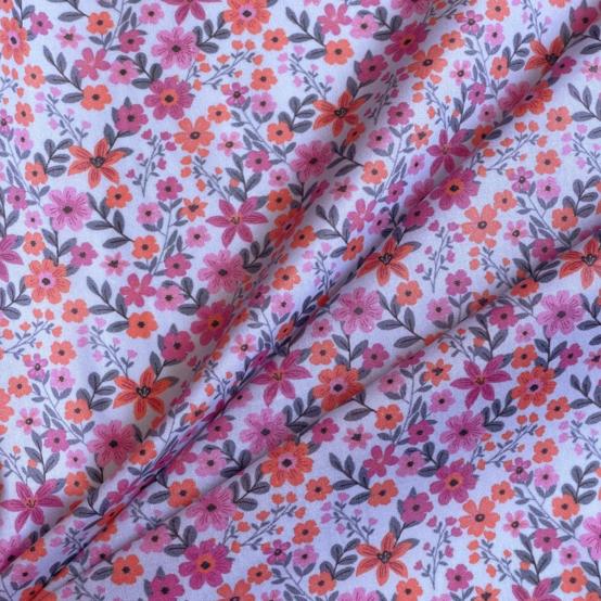 Tissu enduit au mètre ex2649 fleuri ciel rose orange