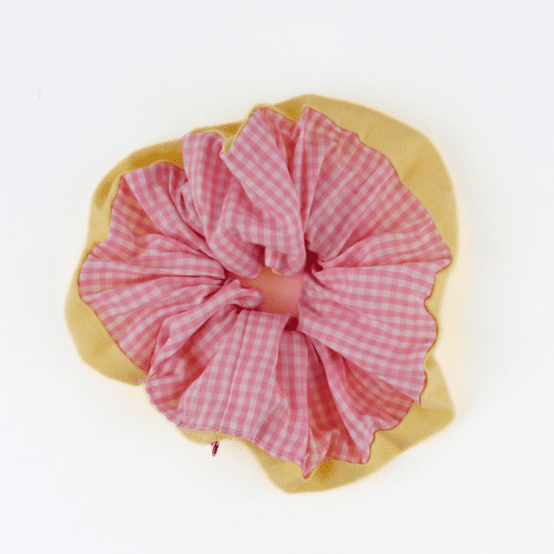 Grand chouchou bicolore vichy rose - oxford jaune