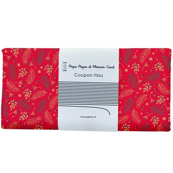 Coupon tissu 50 cm ex2557 noel mini feuillage houx or rouge