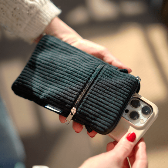 Pochette téléphone matelassée velours côtelé large noir