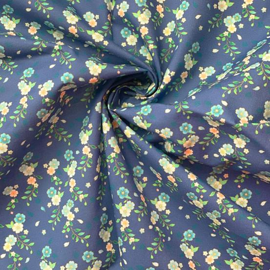 Tissu coton au mètre ex2446 bouquet retro bleu