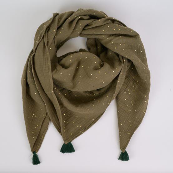 Foulard pompon gaze pois or kaki