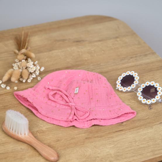 Chapeau soleil charlotte gaze pois or rose sorbet