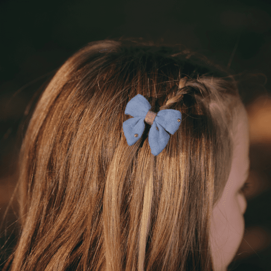 Barrette Mini Noeud Papillon gaze pois or bleu baltique