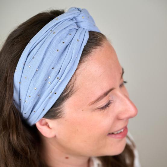 Bandeau croisé gaze pois or bleu baltique