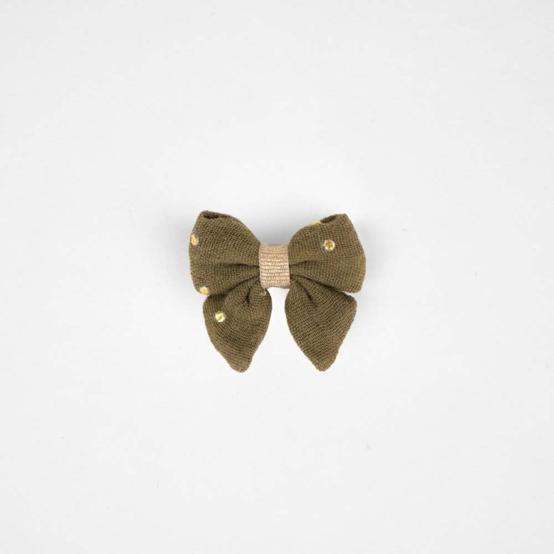 Barrette Mini Noeud Papillon gaze pois or kaki