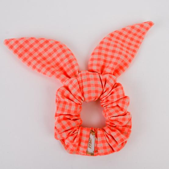 Chouchou nœud  vichy orange fluo