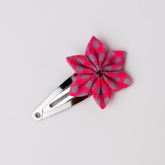 Barrette clic-clac fleur étoile vichy rose fluo