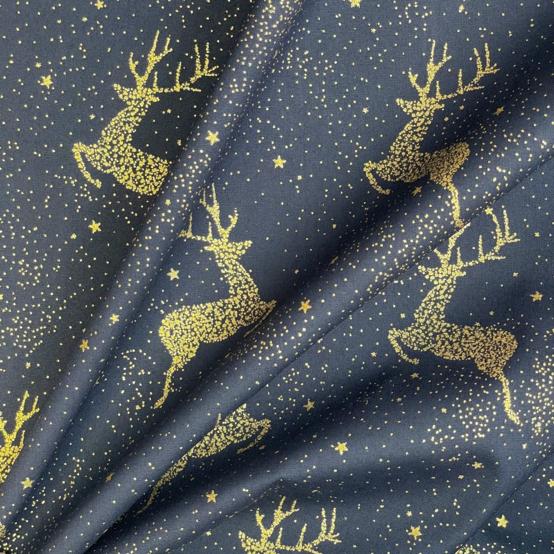 Tissu coton au mètre ex2555 noel rennes étoilés or marine
