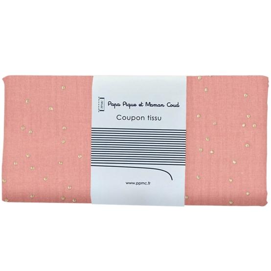 Coupon tissu 50 cm gaze pois or rose thé