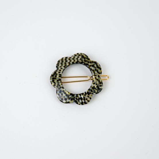 Barrette fleur petite damier noir or