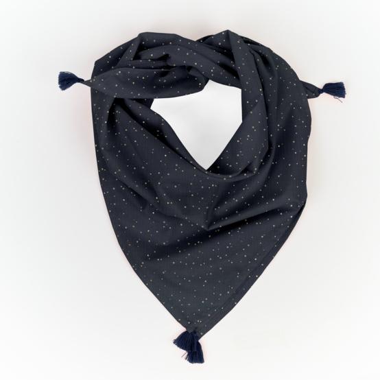 Petit foulard pompon gaze pois or marine