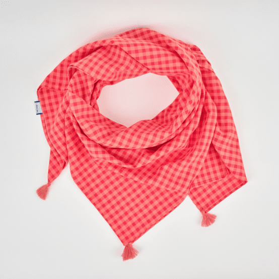 Foulard pompon vichy rouge corail
