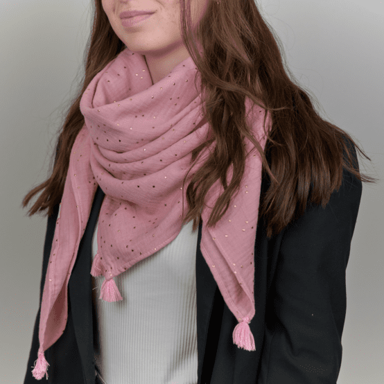 Foulard pompon gaze pois or rose thé